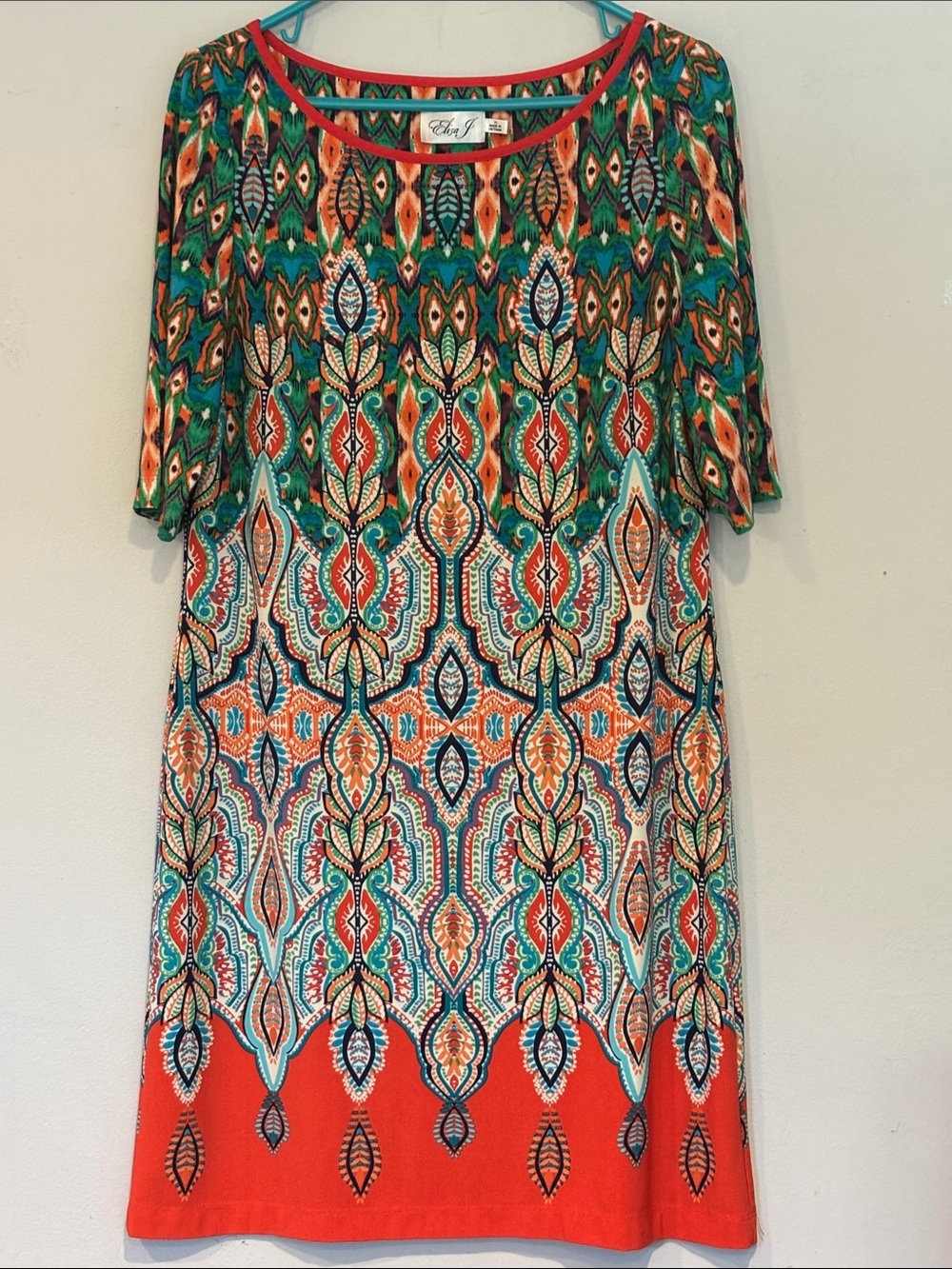 Eliza J Green, Teal, Coral and Navy Patterned Shift Dress